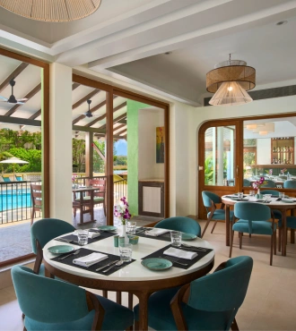Paani Pourri poolside restaurant at Mercure Goa Devaaya Resort with panoramic pool views
