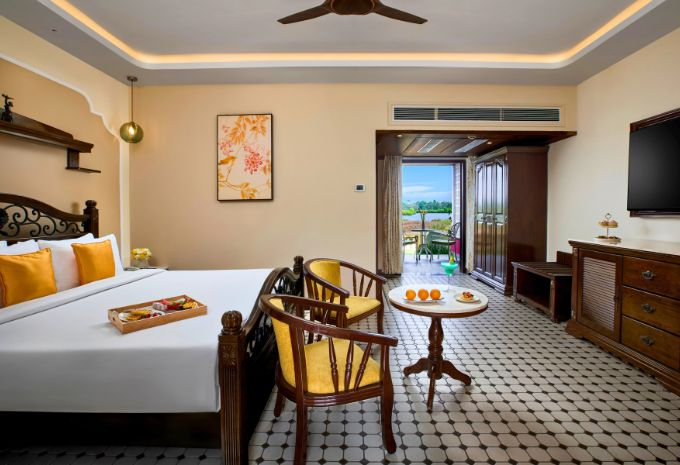 Mandovi River view from the private balcony of a waterfront villa in Goa at Devaaya Resort